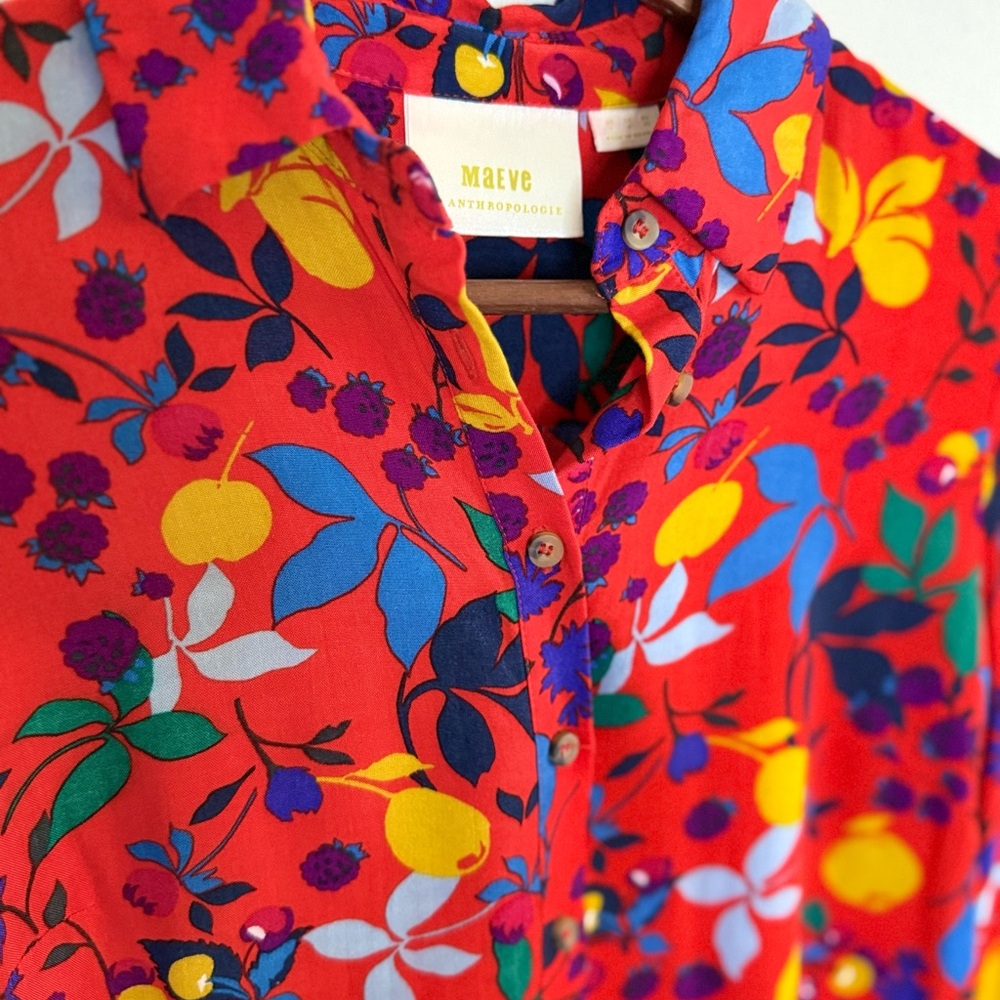 Maeve Anthropologie Fruit Print Blouse Red Citrus Top Size S - Picture 4 of 9